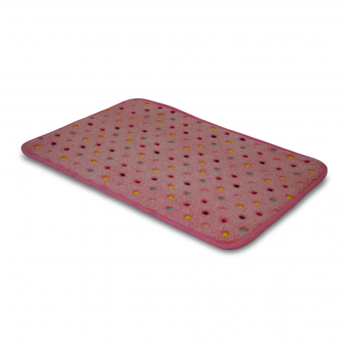 alfombra microfibra 40 x 60 cm rosa con lunares de colores