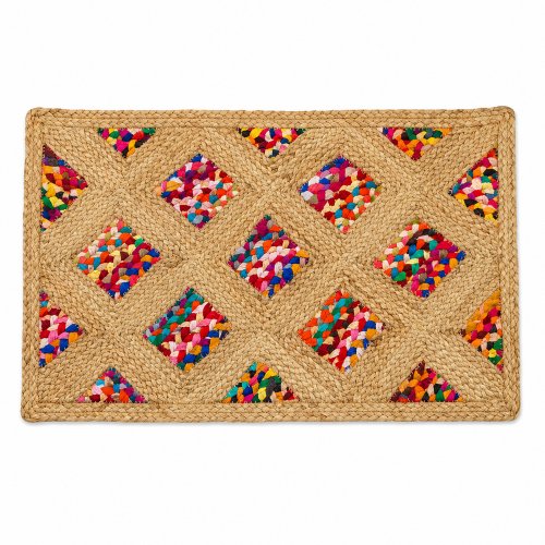 Alfombra chindi multicolor con yute rombos