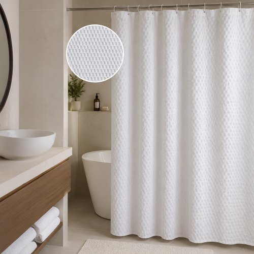 Cortina de baño blanca 180x180cm con 12 ganchos POLYESTER