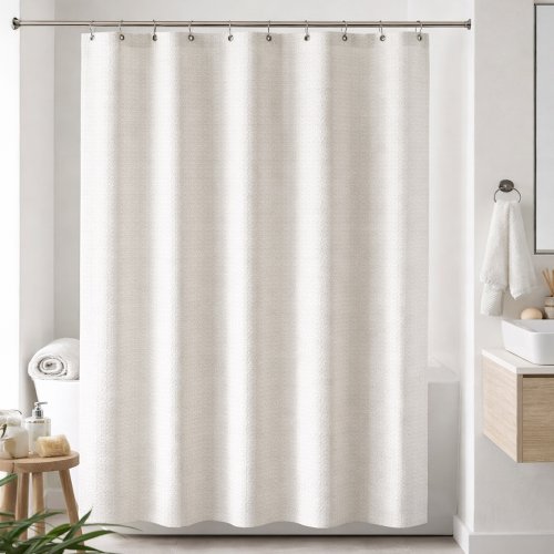 Cortina de baño 180 x 180 cm natural con margaritas y ganchos