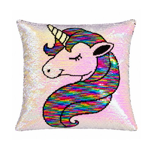 Funda de almohadón 43 x 43 cm lentejuelas unicornio pelo multicolor