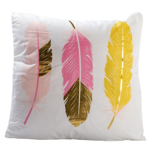 Funda almoha blanco ,plumas rosa ,amarillo y dorados 43x43 cm 