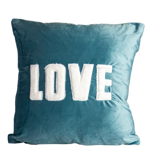 Funda almoha lisa azul con LOVE pelo blanco 43x43 cm 
