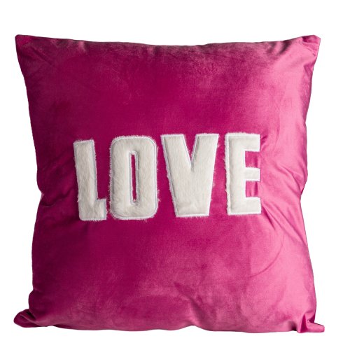 Funda almoha lisa rosa con LOVE pelo blanco 43x43 cm 