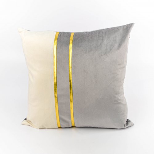 Funda de almohadon 45 x 45 cm blanco y gris con lineas doradas