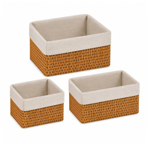 Set x 3 canastos de bamboo y tela 25 x 25 x 12 cm / 17 x 17 x 8 cm / 21 x 21 x 10 cm