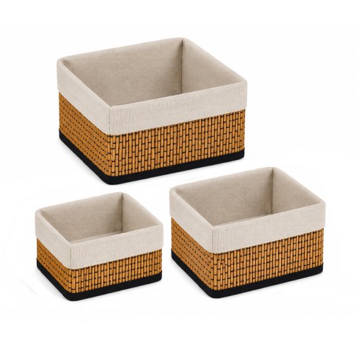 Set x 3 canastos de bamboo y tela borde 25 x 25 x 12 cm / 17 x 17 x 8 cm / 21 x 21 x 10 cm