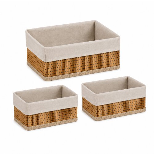 Set x 3 canastos de bamboo y tela borde 23 x 33 x 12 cm / 20 x 15 x 10,5 cm (x 2 pcs)