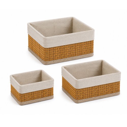 Set x 3 canastos de bamboo y tela borde 25 x 25 x 12 cm / 17 x 17 x 8 cm / 21 x 21 x 10 cm