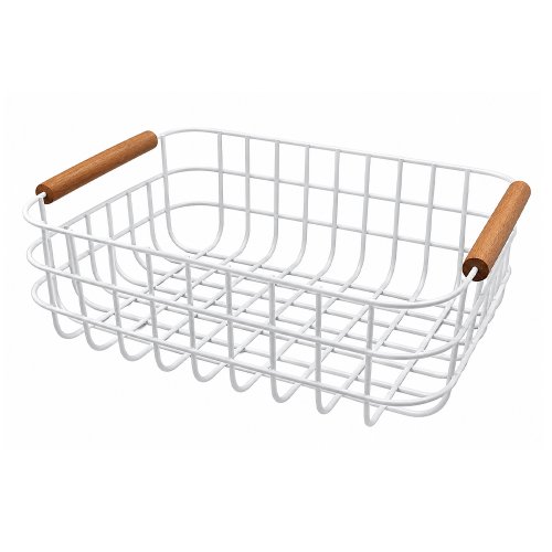 Canasto rectangular curvo de metal blanco con mango de madera