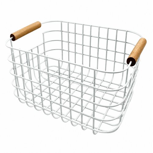 Canasto rectangular curvo de metal blanco con mango de madera