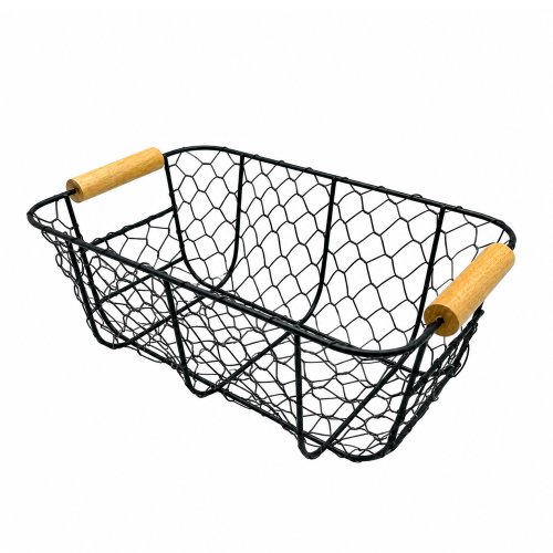 Canasto rectangular curvo de metal negro con mangos de madera
